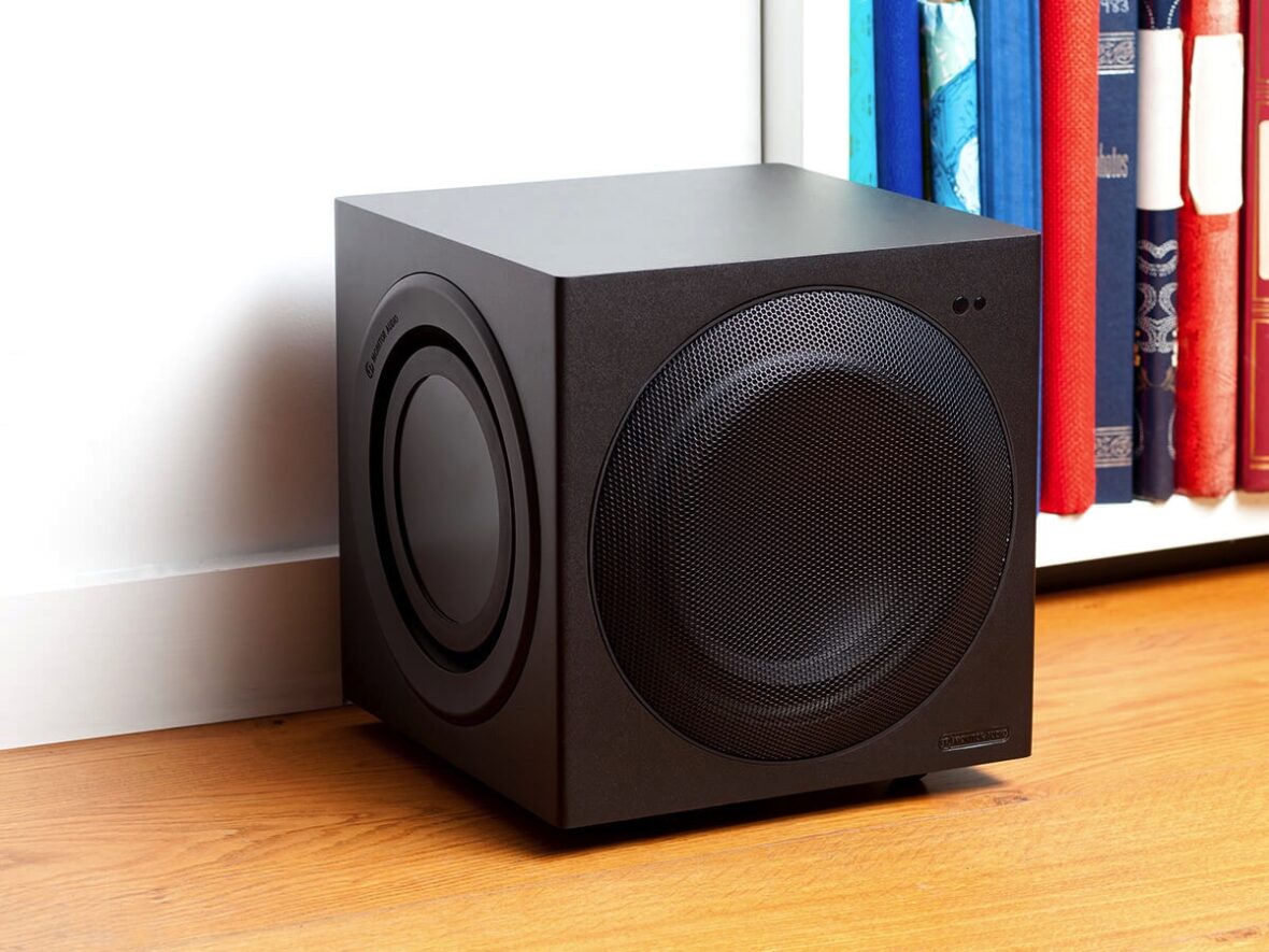 Monitor Audio subwoofer on home media floor