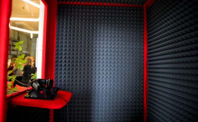 Home Theater Acoustic walls close up Sound Absorption, noise reduction texture in recorder room ,with light flare.