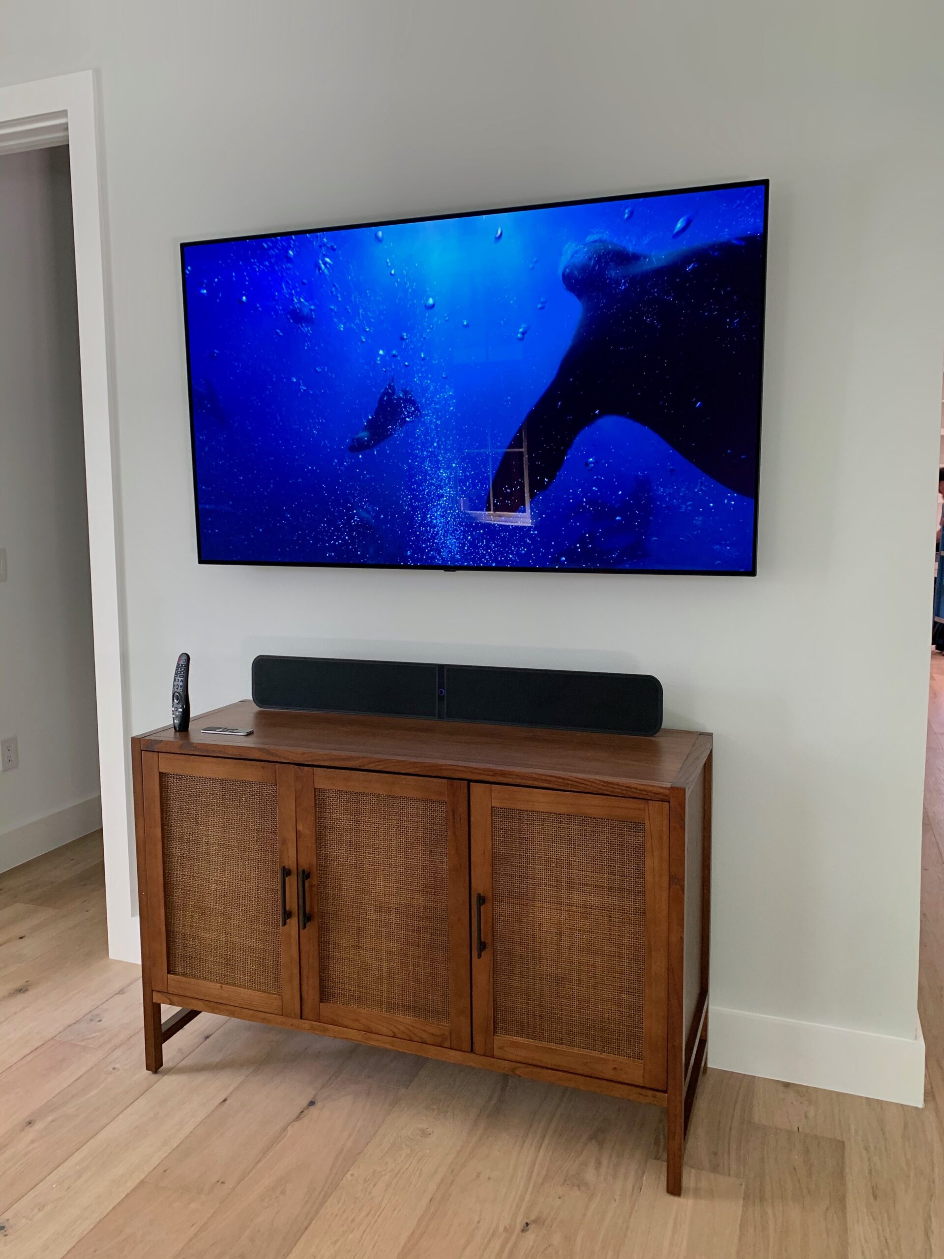 Media room OLED flat screen tv mounted to wall installation